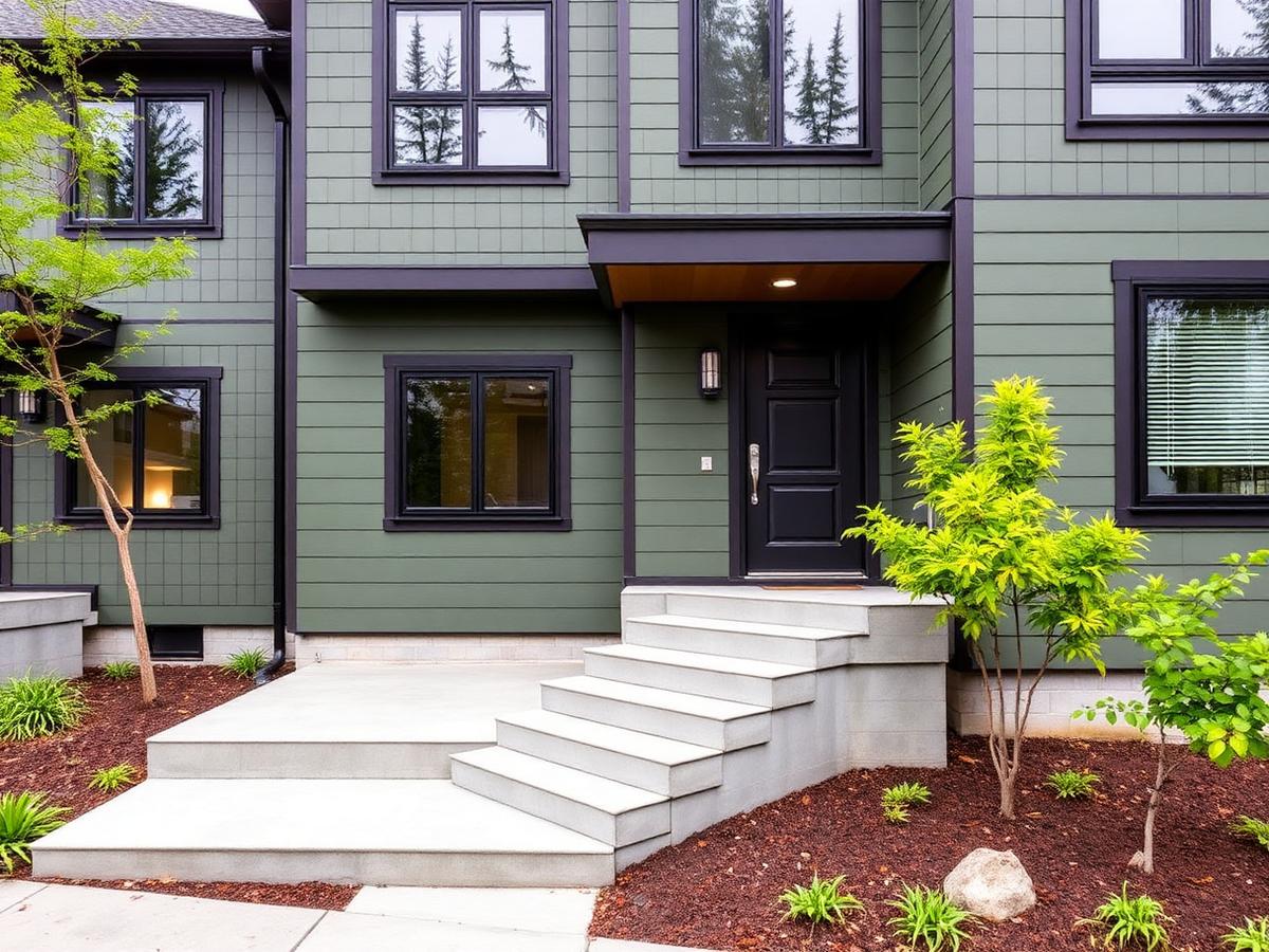 Modern home exterior with muted green siding and concrete entry steps