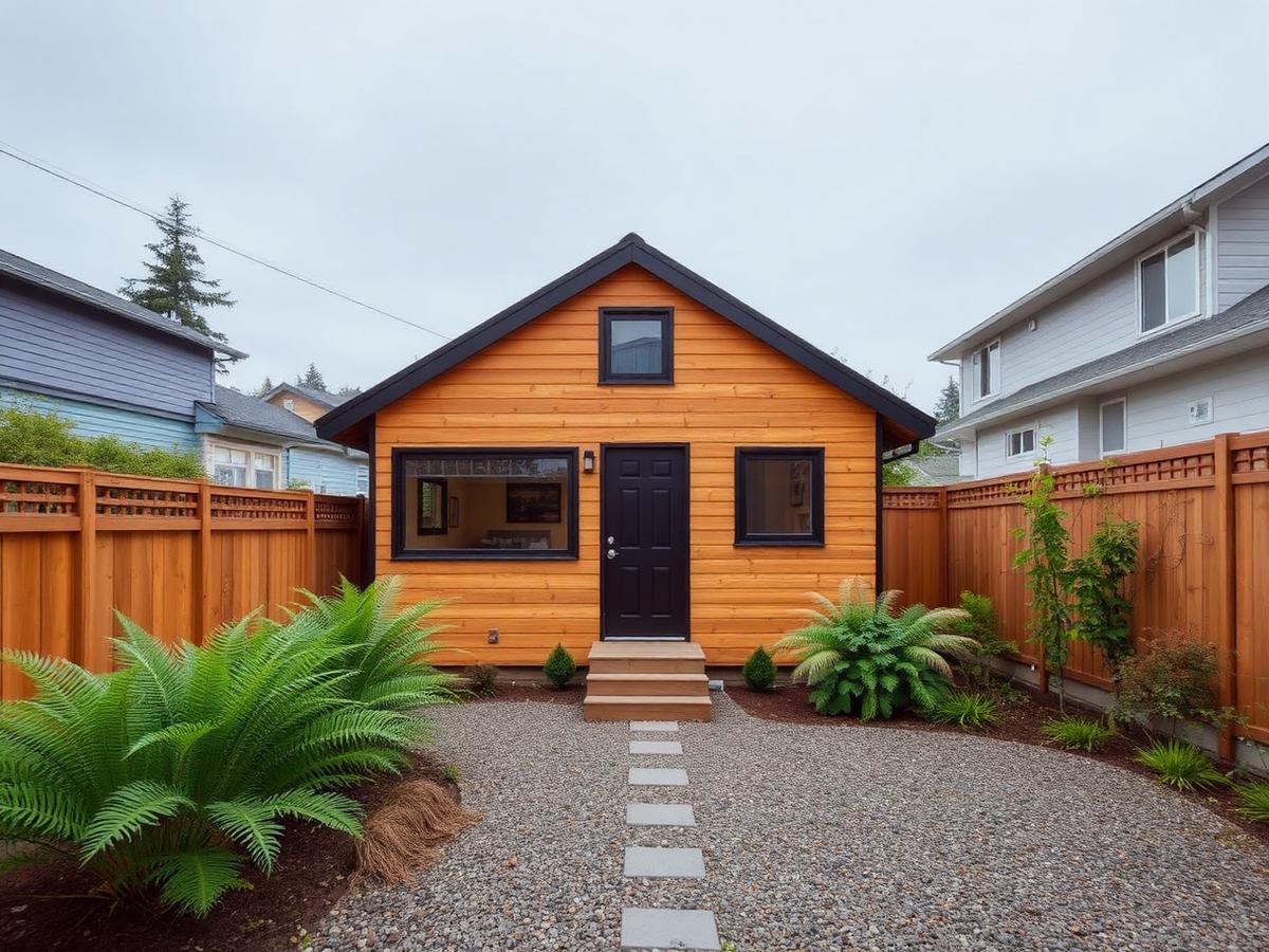 Detached accessory dwelling unit with warm wood siding and black window frames in a Pacific Northwest backyard