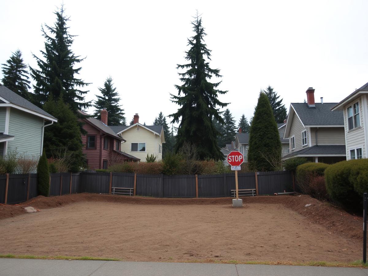Cleared urban infill residential lot surrounded by existing homes and evergreens