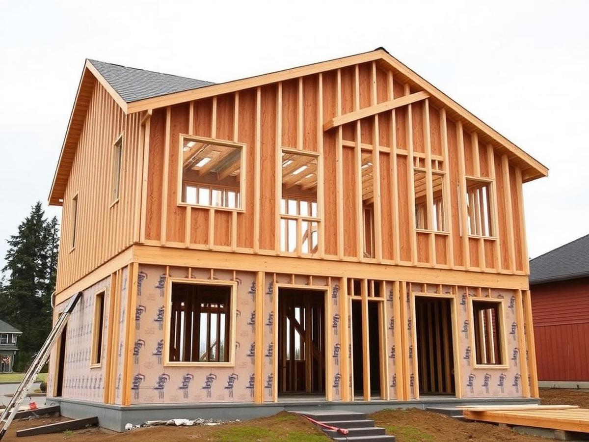 Wood framing of a new two-story Pacific Northwest home under an overcast sky