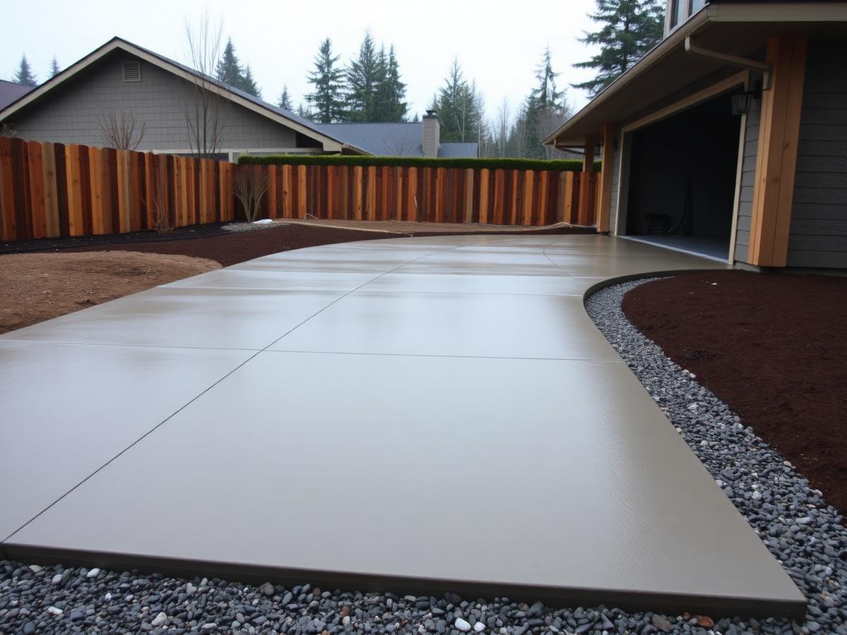 Newly poured concrete driveway with gravel drainage edge beside a Pacific Northwest home